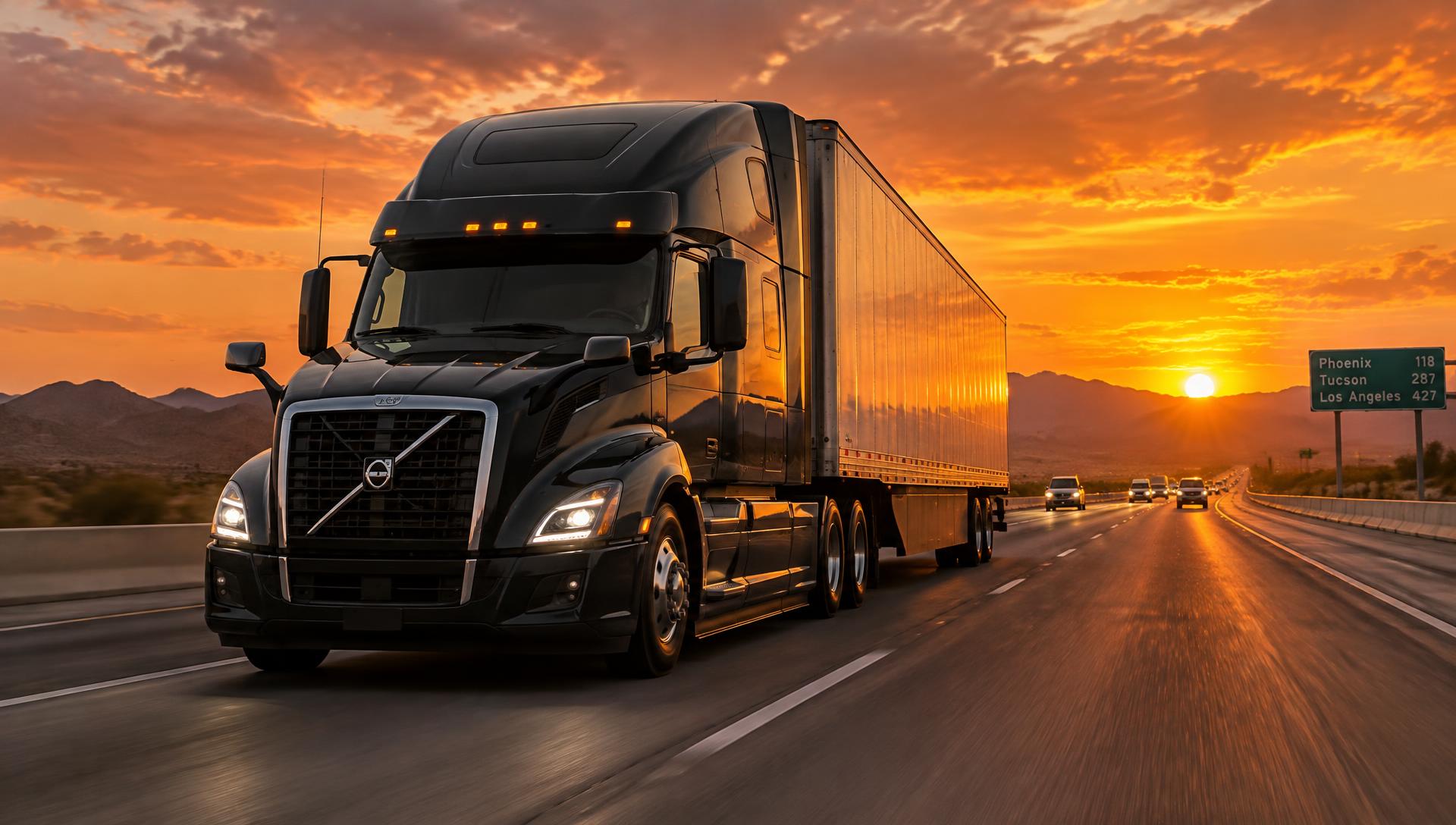 Black AziSam semi-truck on an American highway at sunset